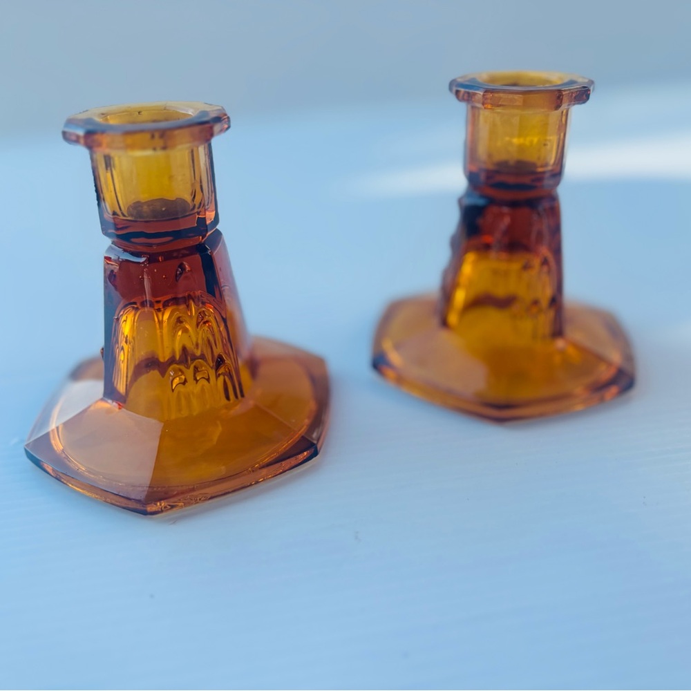 Amber Glass Candlestick Holders Set of 2 Retro Decor